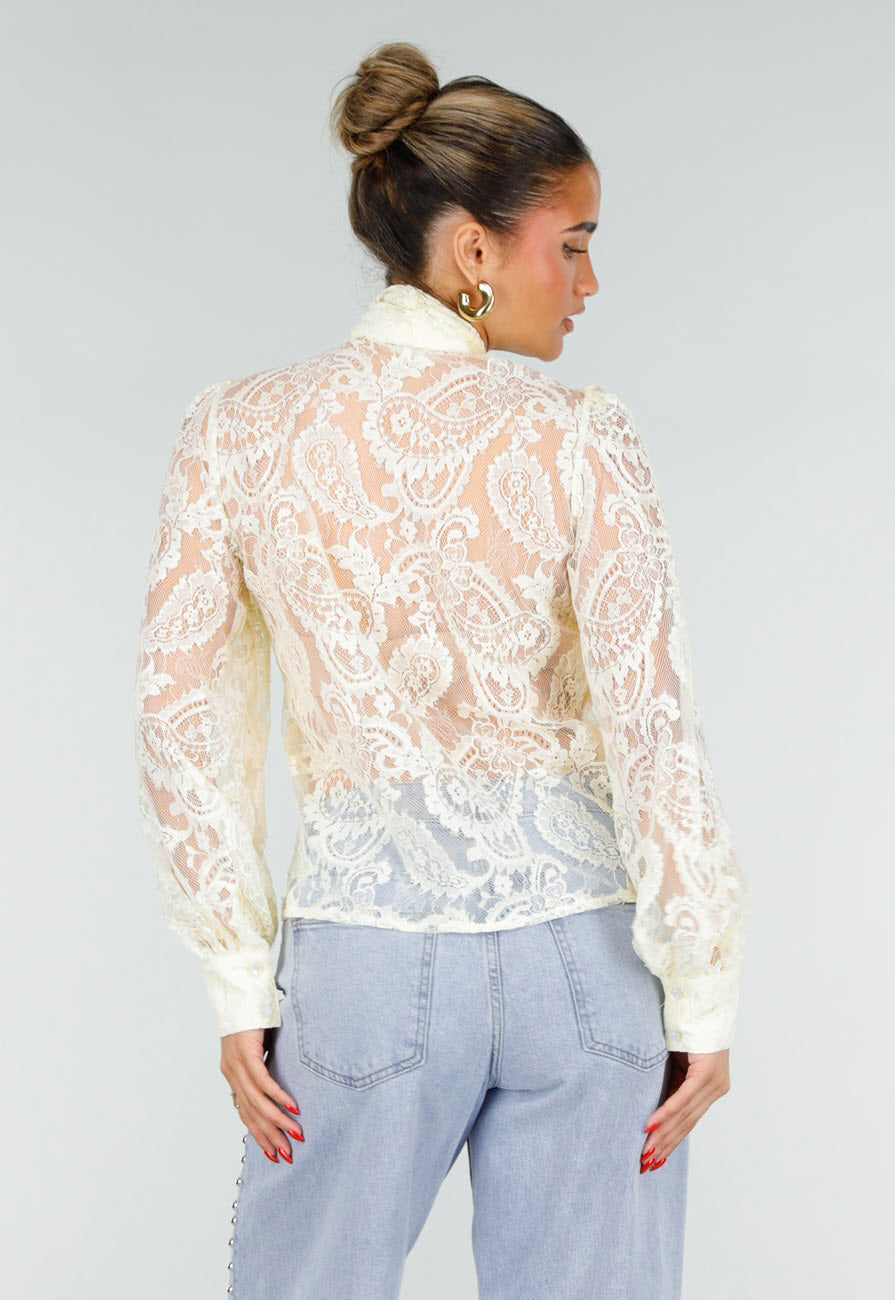 Lichtgele Transparante Kanten Blouse met Strikkraag en Lange Mouwen