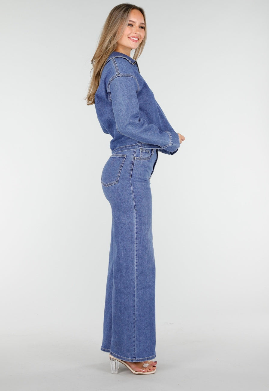 Redial Jeans  Denim Top met Halve Rits en Opstaande Kraag in Blauw