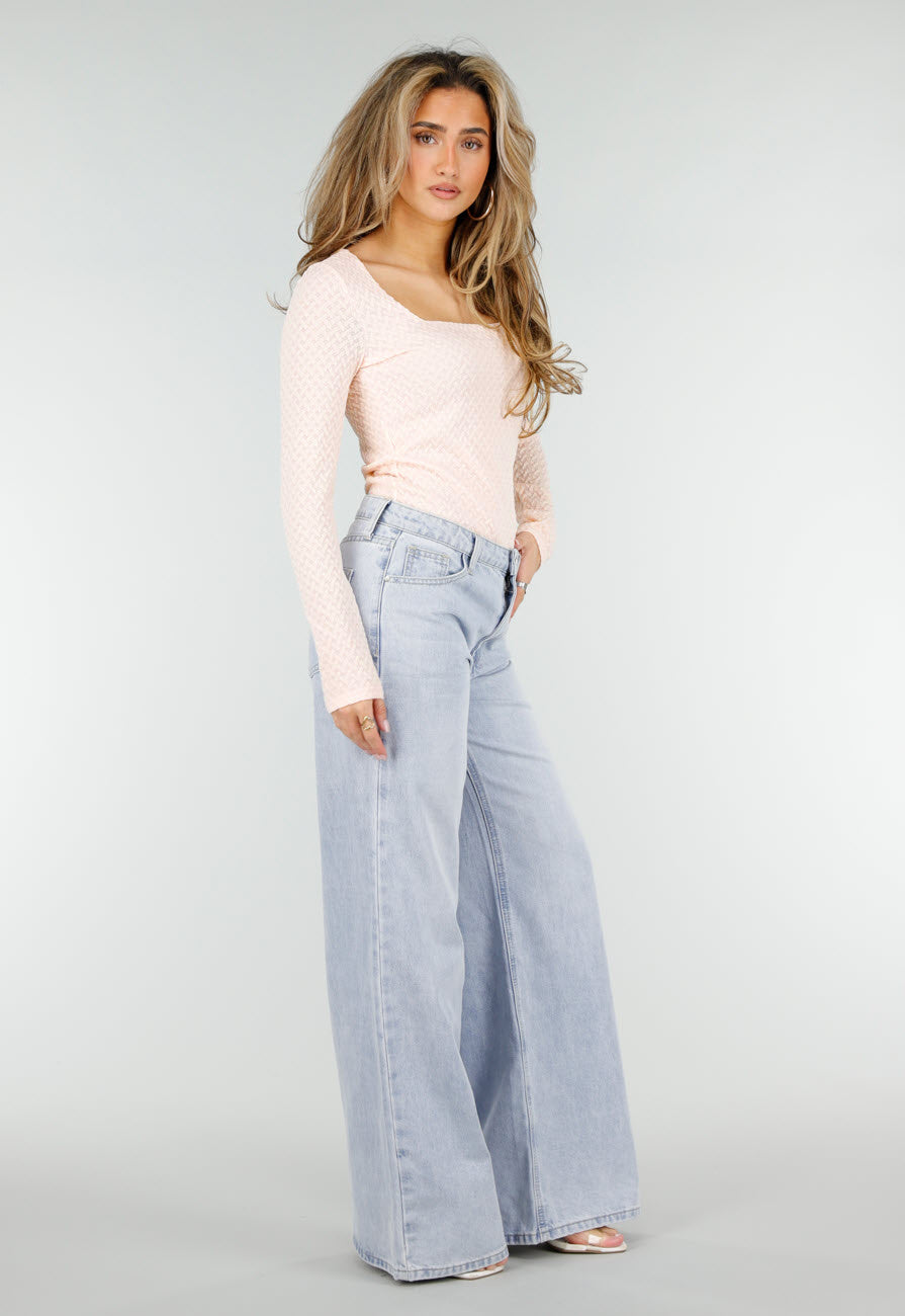 Lichtroze Stretch Top met Lange Mouwen en Vierkante Hals