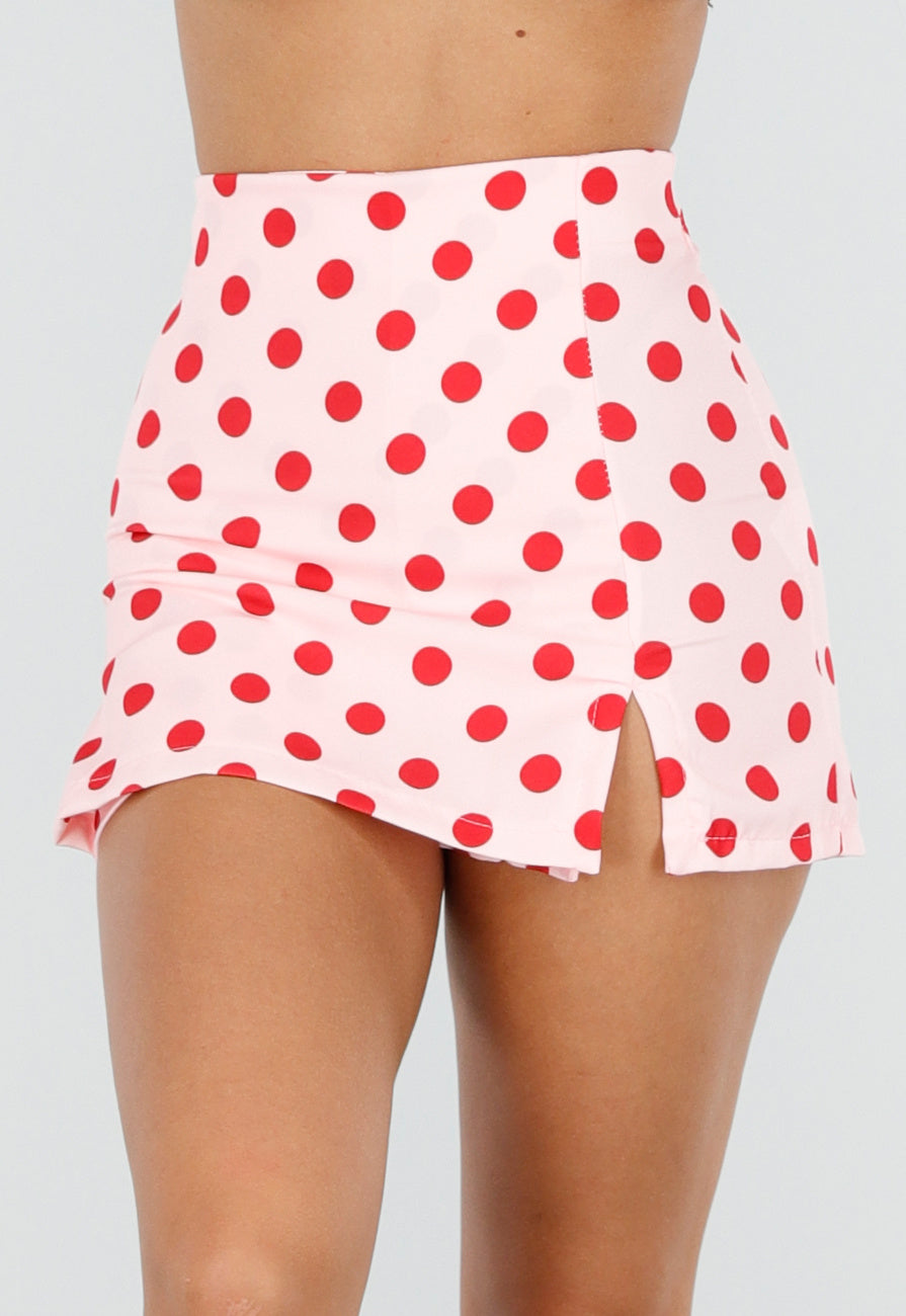 Roze Polkadot Skort met Split en Stretch