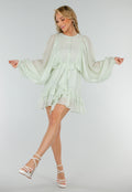 Mintgroene Korte Jurk met Volants, Knoopjes en Ballonmouwen