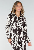 Bruin-Witte Blouse met Koeienprint  en Goudkleurige Knopen