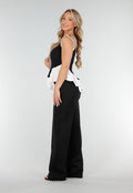 Zwart-Witte Stretch Top met Ronde Hals en Ruffle Detail aan de Zoom