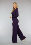 Paarse Jumpsuit met Wijde Pijpen en Tailleband