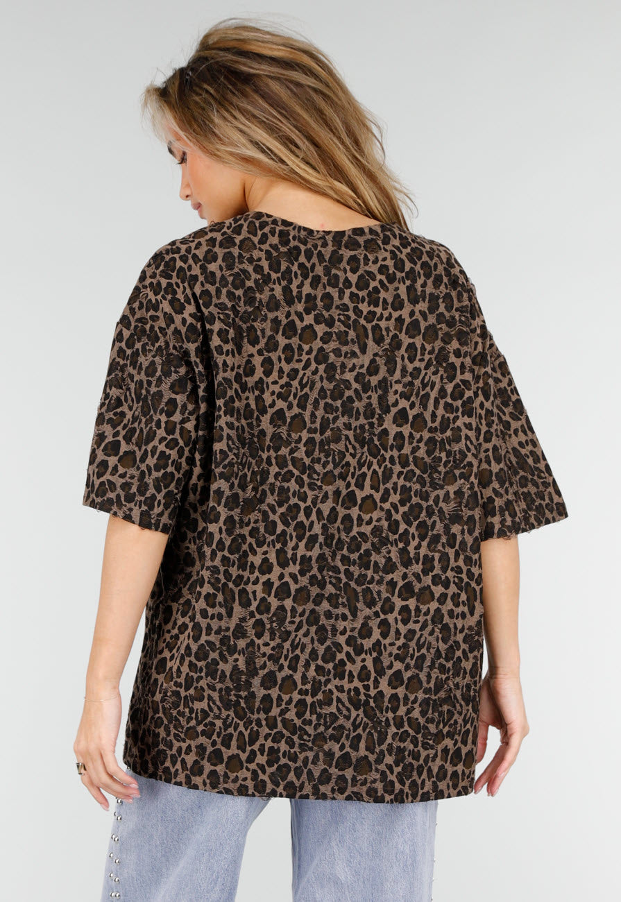 Bruin Oversized Cheetahprint T-Shirt met Korte Mouwen