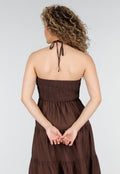Bruine Halter Midi Jurk met Open Rug