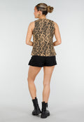 Bruine Denim Leopard Print Top met Striksluiting en Mouwloos Model