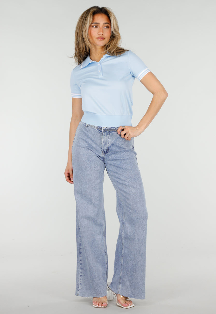 Lichtblauwe Cropped Polo Top met Kraag Knoopsluiting en Strepen