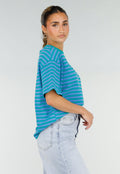 Blauw Groene Gestreepte T-shirt met Ronde Hals en Korte Mouwen