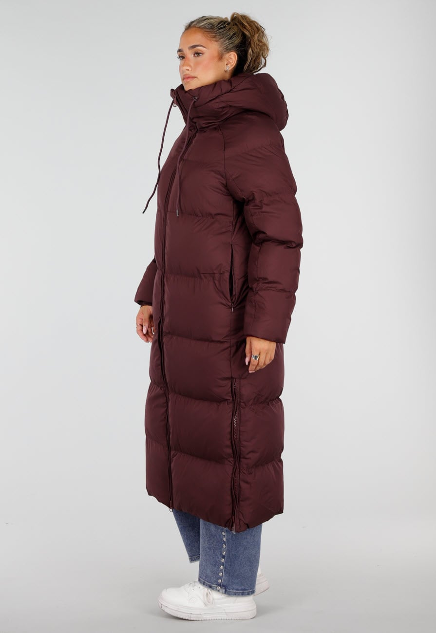 Burgundy Lange Gewatteerde Puffer Winterjas met Capuchon en Zakken