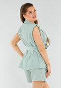 Lichtgroene Linnenlook Blazerset met Short, Zakken en Ceintuur