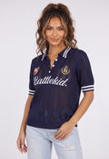 Donkerblauwe Gebreide Polo Top met Korte Mouwen en Opengewerkte Details