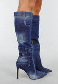 Denim Look Knielaarzen met Stiletto Hak