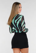 Groene Mesh Top met Zebraprint en Lange Mouwen