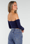Donkerblauwe Off Shoulder Crop Top met Lange Mouwen