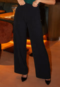 High Waist Zwarte Linnen Look Broek met Tailleband