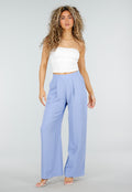 Lichtblauwe Linnenlook Wide Leg Pantalon met Hoge Taille en Plooien