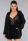 Zwarte Tweedelige Set met Doorschijnende Blouse en Elastische Short