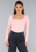 Longsleeve Lichtroze Stretchstof Shirt met Vierkante Hals