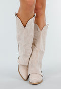 Beige Suède Look Cowboylaarzen met Stikseldetail