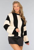 Gestreepte Zwart/Beige Trui met Wijde Mouwen