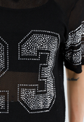 Zwarte Mesh T-Shirtjurk met Zilveren Glitters en Nummerprint