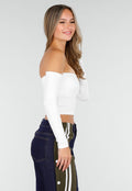 Witte Off Shoulder Top met Lange Mouwen en Stretchstof