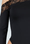 Zwarte One Shoulder Body met Lange Mouw en Kantdetails