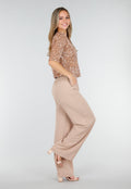 Beige Pailletten Top met Korte Mouwen en Ronde Hals