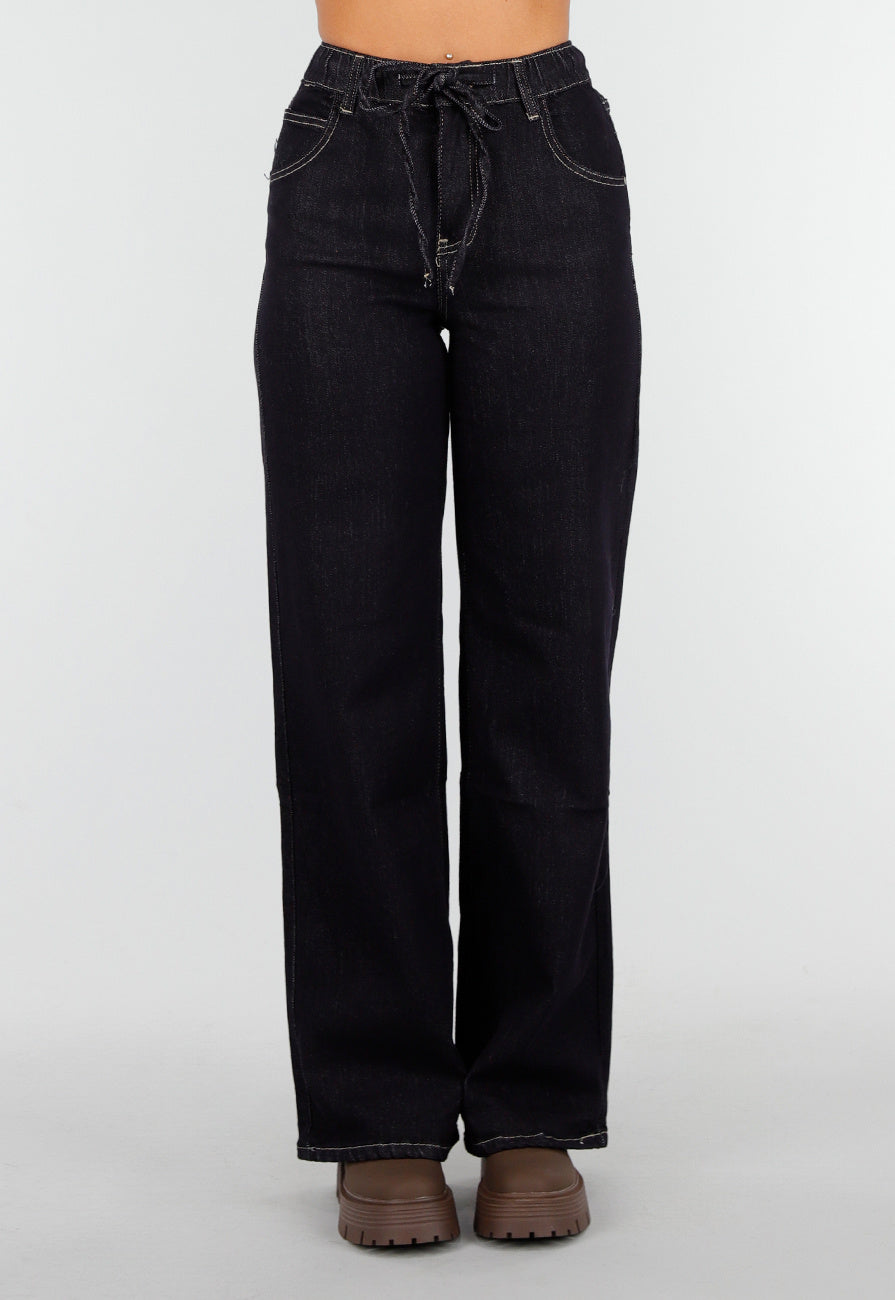 Redial Jeans  Donkerblauwe Wide Leg Jeans met Elastische Taille en Strikkoord