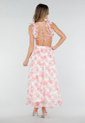 Witte Maxi Jurk met Roze Bloemenprint en Ruches