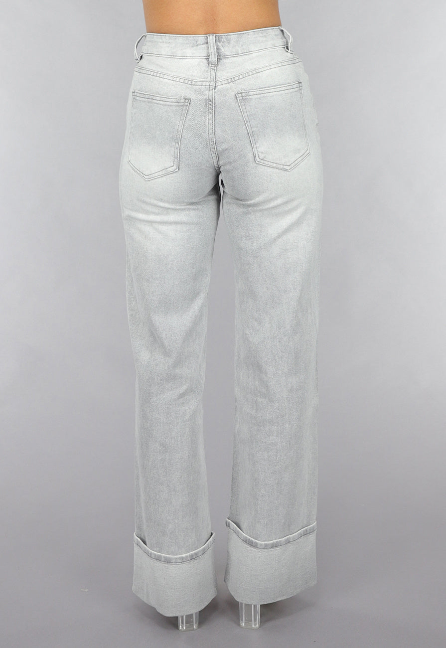 Grijze Mid Waist Omgeslagen Straight Leg Jeans