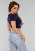 Donkerblauwe Stretch Cropped Top met Aansluitende Pasvorm