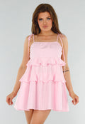 Roze Mini Jurk met Ruches en Linnenlook en Strikkoorden