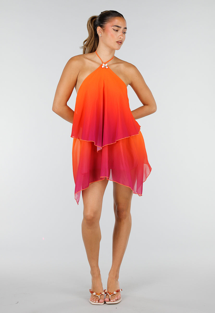 Oranje Roze Ombre Halter Jurk met Open Rug