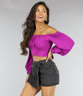 Paars Off Shoulder Topje met Pofmouwen