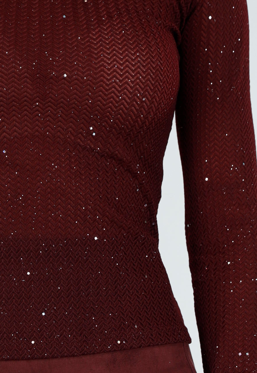 Bordeauxrode Glitter Top met Stretch