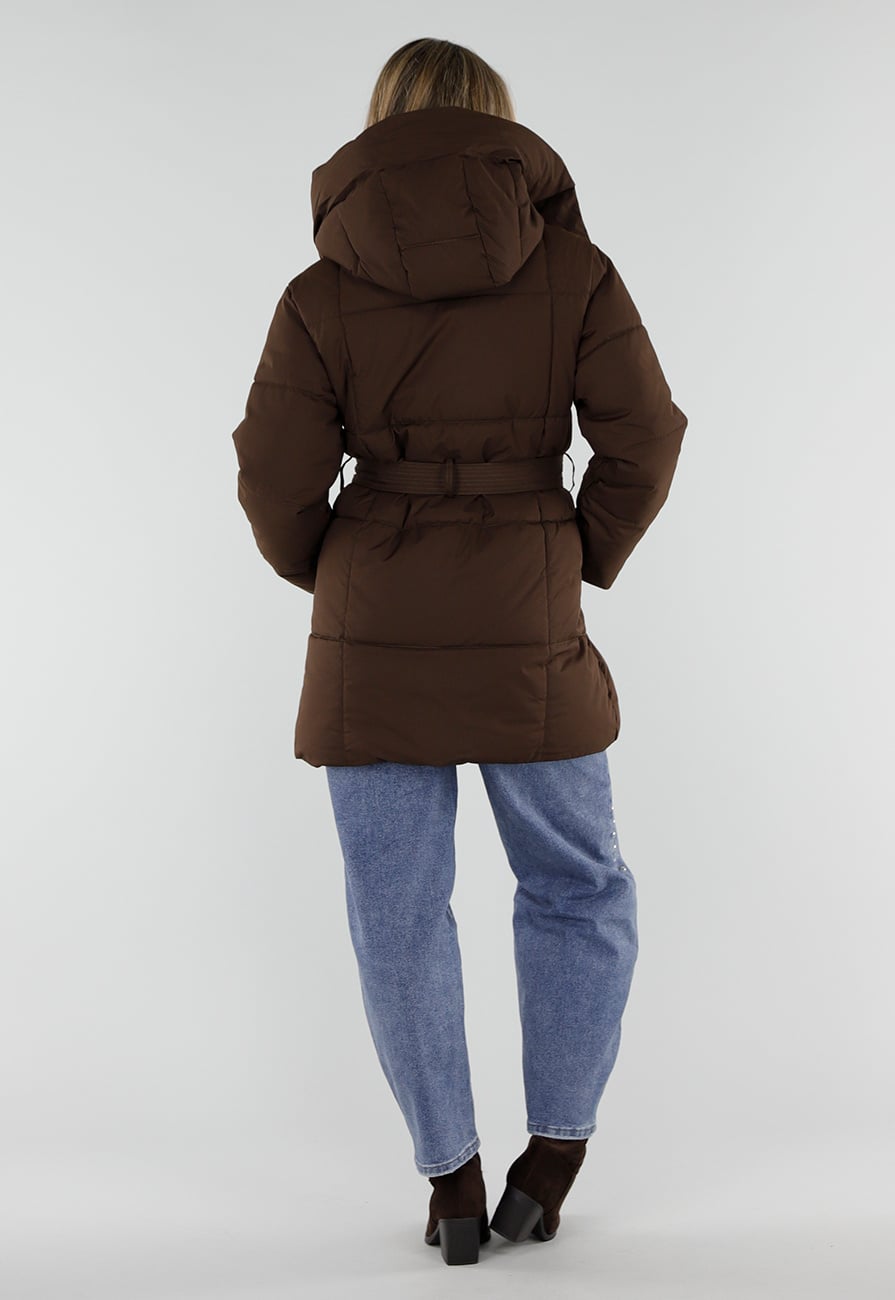 Bruine Lange Gewatteerde Parka Winterjas met Afneembare Capuchon