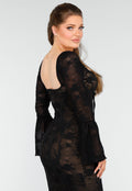 Elegante Zwarte Jurk met Fishtail Effect van Kant met Uitlopende Mouwen