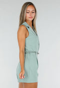 Groene Mouwloze Playsuit met Revers, Riem, Blinde Rits en Stretch