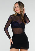 Zwarte Mesh Body met Blauwe Glitters en Lange Mouwen  en Col