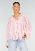 Lichtroze Chiffon Blouse met Ruffles Lange Mouwen en Knopen