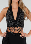 Zwarte Bodychain met Zwarte Stenen en Meerdere Kettingen
