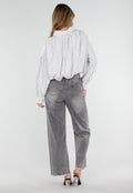 Grijze High Waist Straight Leg Jeans met Rafelige Zoom