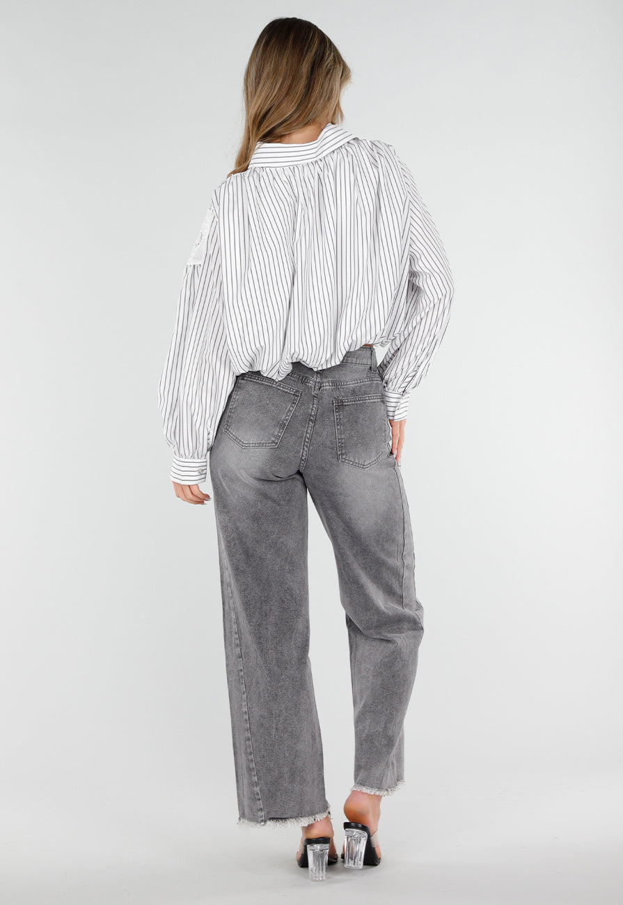 Grijze High Waist Straight Leg Jeans met Rafelige Zoom