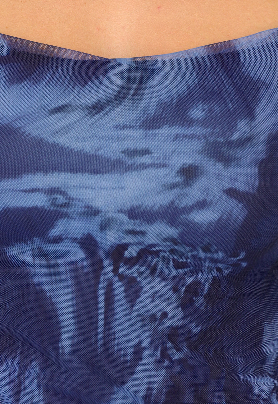 Blauwe Marble Mesh Midi Jurk