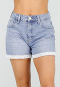 Lichtblauwe Denim Short met Gehaakte Omslag en Stretch