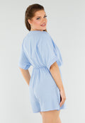 Lichtblauwe Playsuit met V-Hals, Elastische Taille en Linnenlook
