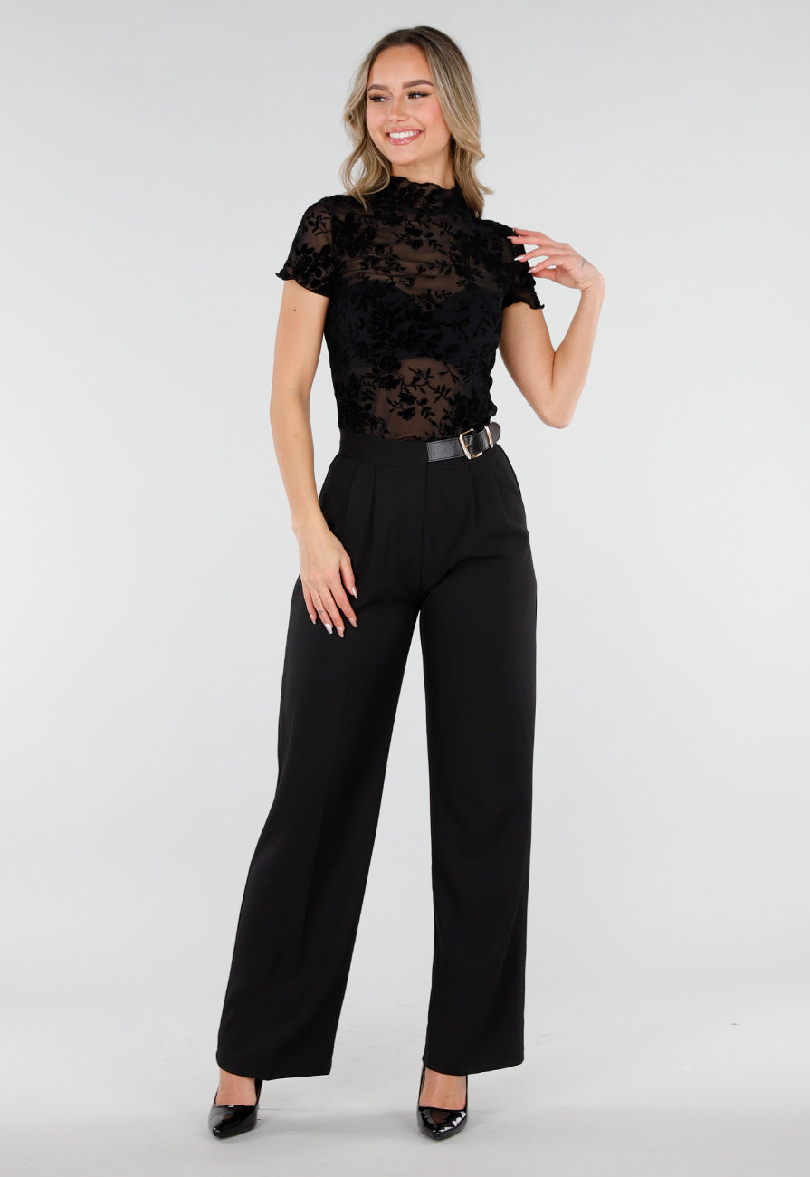 Zwarte Mesh Top met Bloempatroon en Stretch