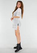 Witte Mesh T-Shirtjurk met Zilveren Glitters en Jerseyprint
